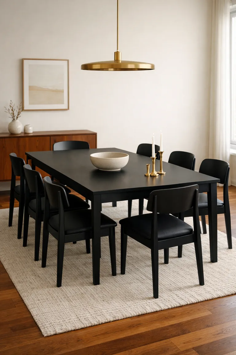 Matte black dining table with six black chairs on a neutral rug, brass pendant light above, walnut floor, and a walnut sideboard against a warm white wall.