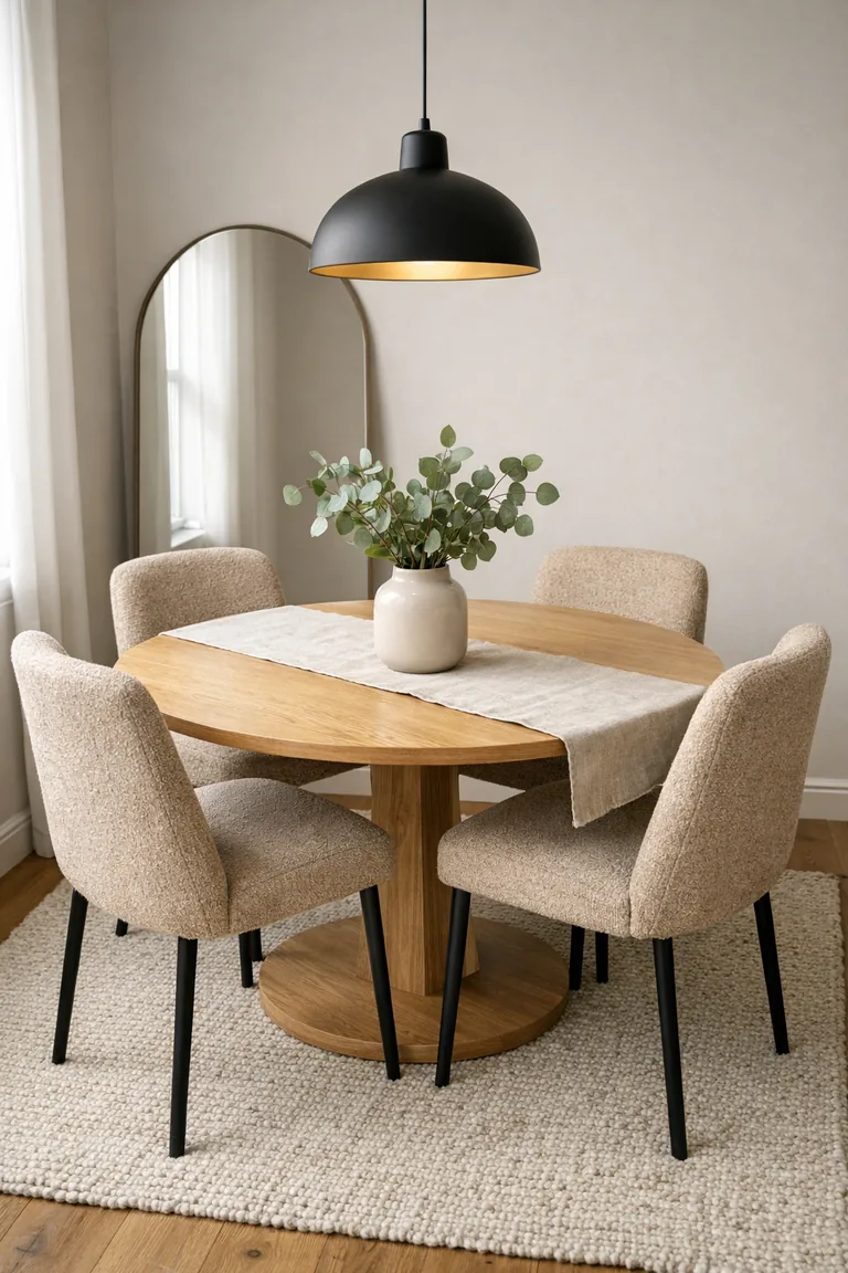 A round light-oak dining table with four beige upholstered chairs under a matte black pendant light, styled with a vase and runner on a textured rug in a small modern dining room.
