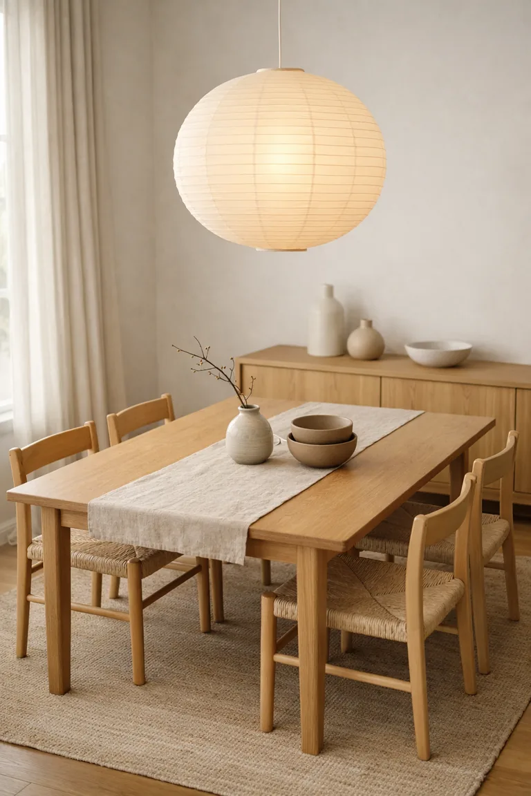 Minimal Japandi dining room with a light oak table, four woven-seat chairs, a paper lantern pendant, neutral rug, linen curtains, and sparse ceramic decor.