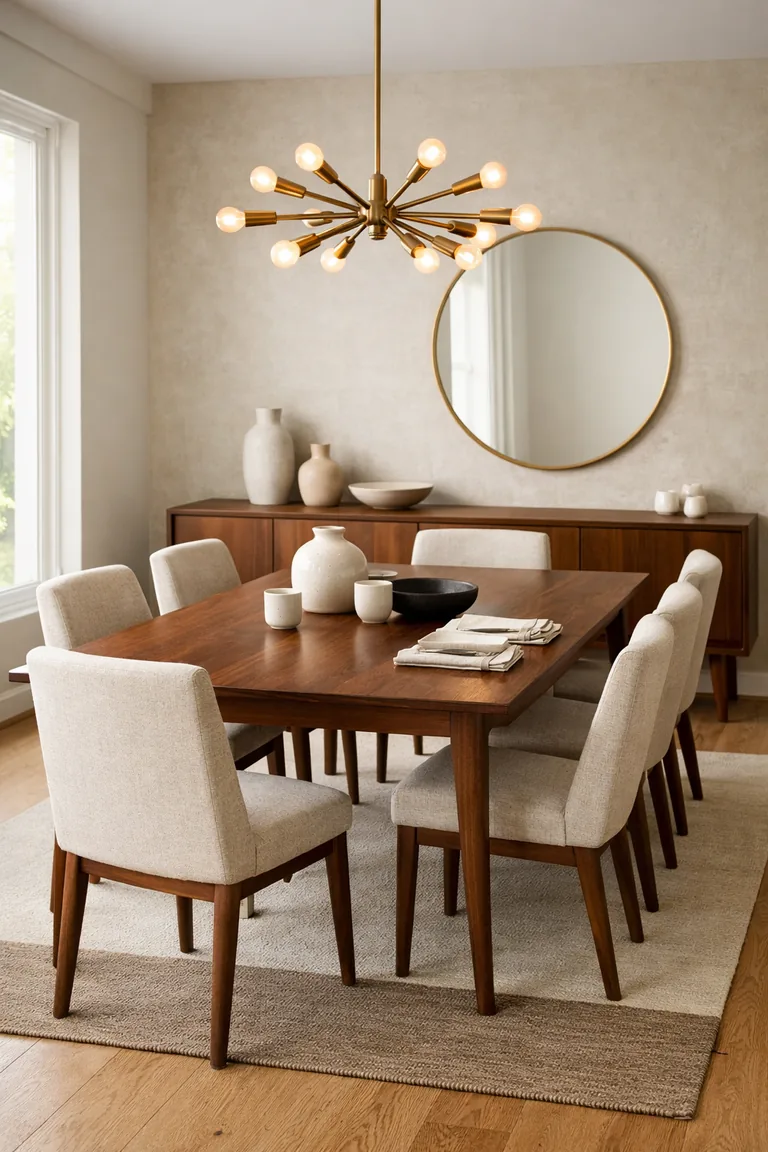 A walnut dining table with tapered legs, six light upholstered chairs, and a brass sputnik chandelier above, with a walnut sideboard and round mirror in the background.
