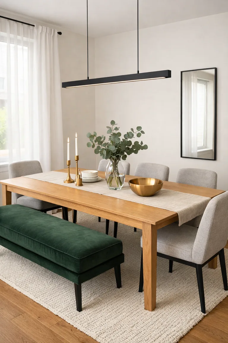 Modern dining room with warm white walls, a light oak table, soft gray chairs, a deep green velvet bench, a matte black pendant light, and brushed brass table accents in soft daylight.