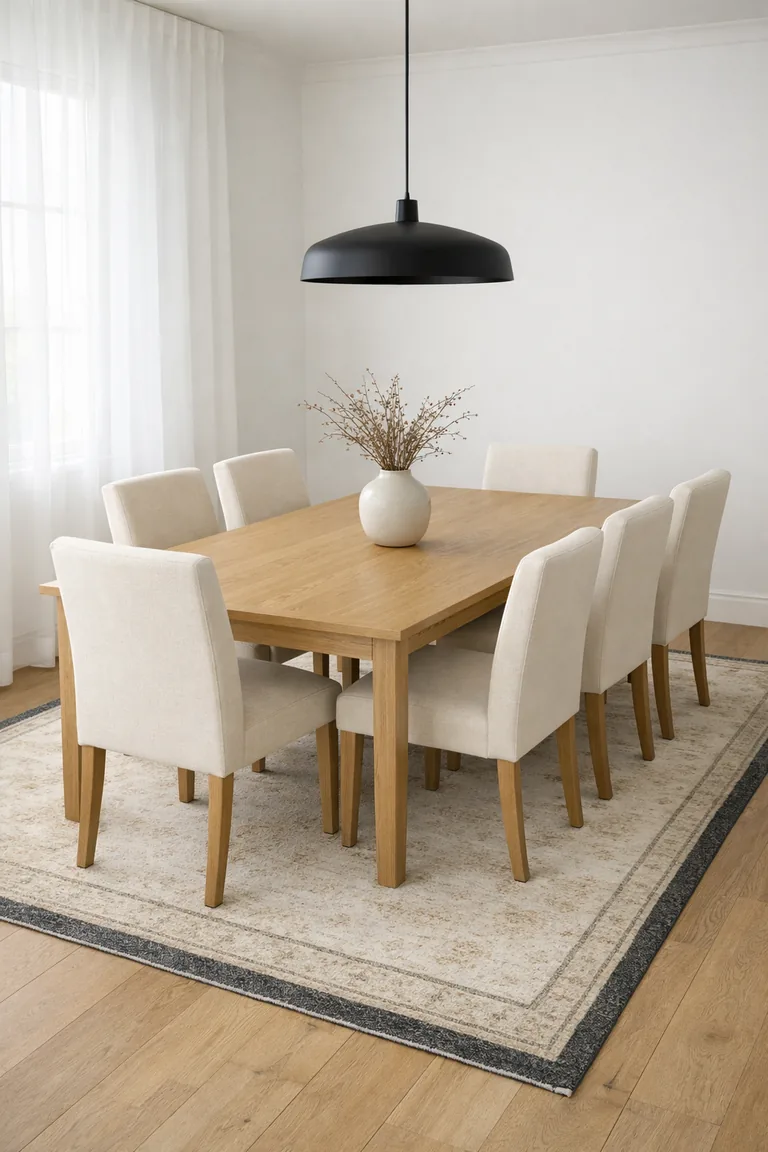 Modern dining room with a light oak table and six ivory upholstered chairs on a large neutral patterned flatweave rug, lit by daylight from a tall window and a black pendant light.