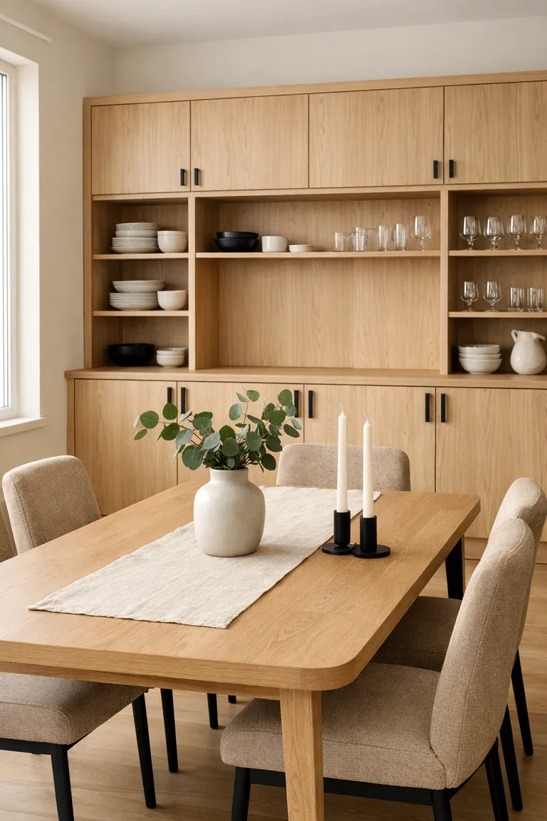 Modern dining room with a white oak built-in hutch, open shelves with dishes and glassware, and a light oak dining table with linen runner, vase, and candles.