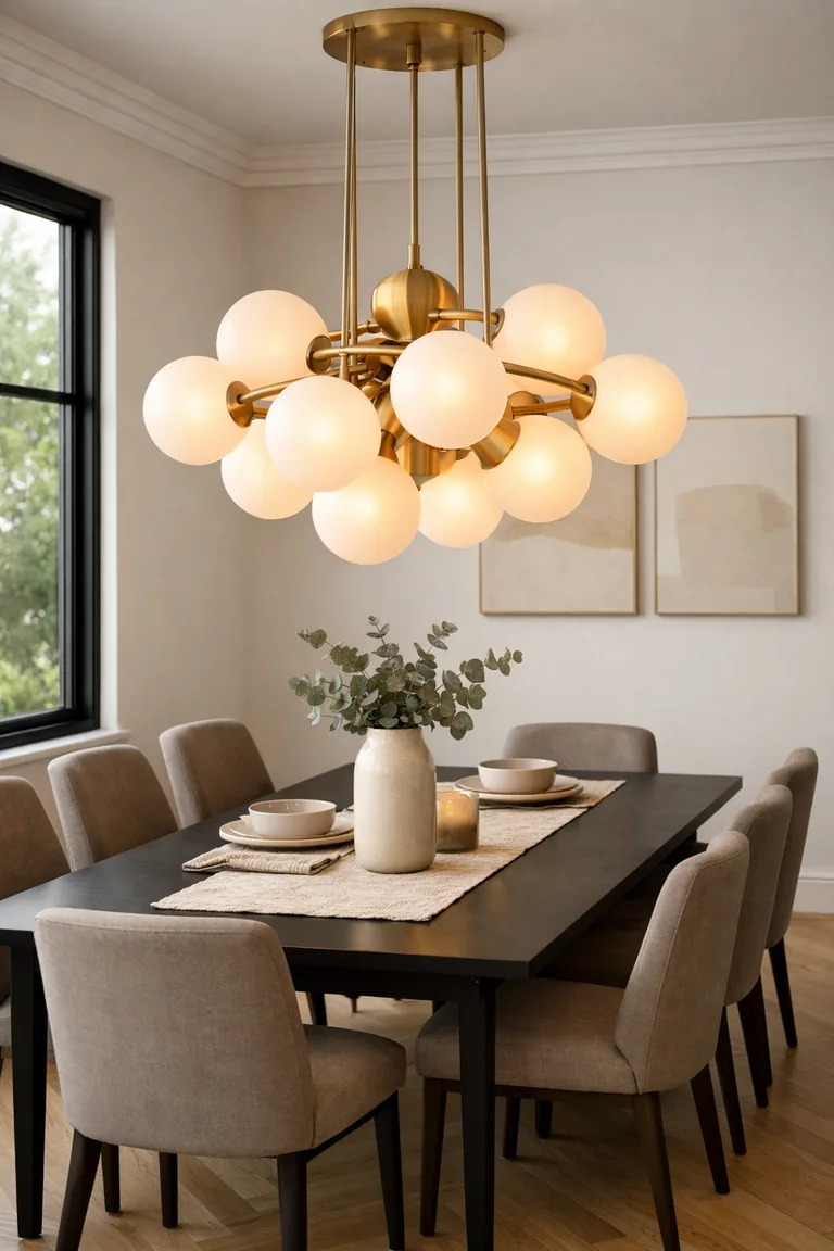 A modern dining room with a matte black table and six taupe chairs, lit by an oversized brushed brass pendant with opal glass globes above the table.