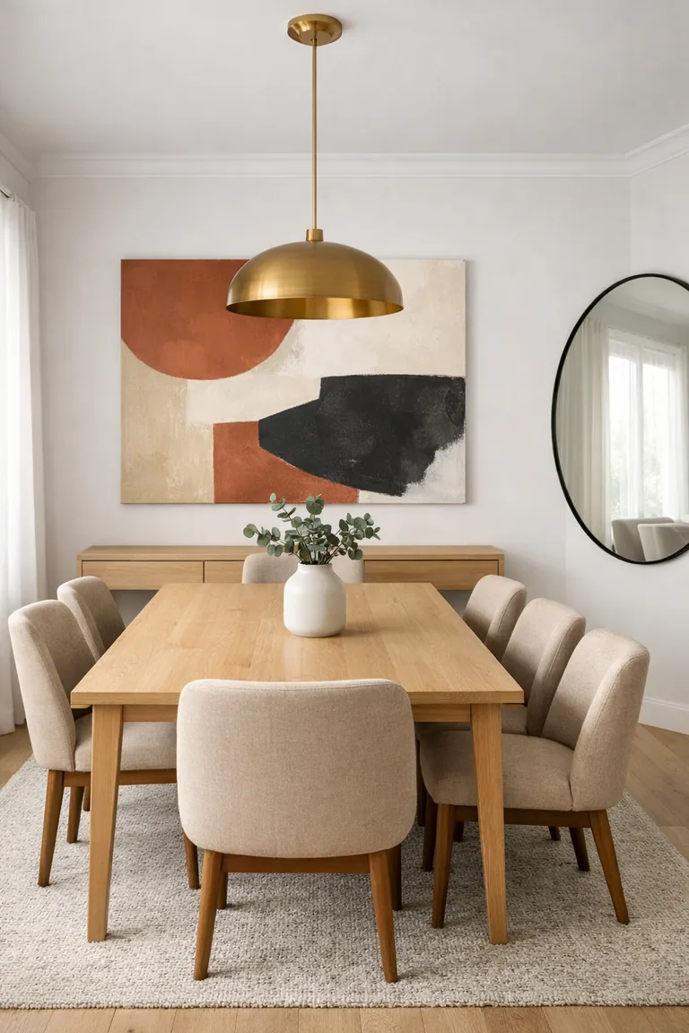 Modern dining room with a light oak table, beige upholstered chairs, a large abstract painting above a slim console, and an oversized round black-framed mirror reflecting daylight.