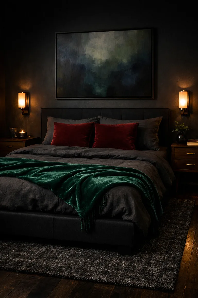A matte black bedroom with a black upholstered bed, charcoal bedding, an emerald velvet throw, burgundy accent pillows, dark wood nightstands, warm sconces, and a charcoal rug on dark hardwood floors.