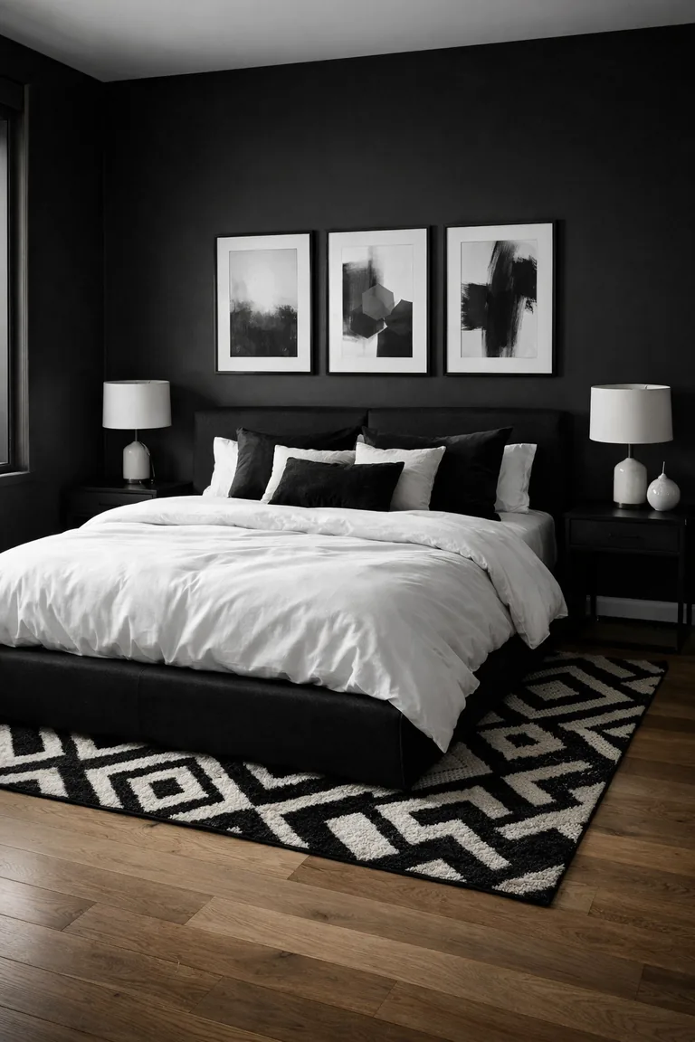 Black platform bed with white bedding against a matte black wall, black nightstands with white lamps, a black-and-white geometric rug, and three framed monochrome prints above the bed.