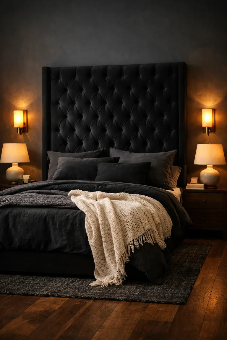 A moody bedroom with a tall black tufted velvet headboard, charcoal walls, layered black bedding, warm brass sconces, dark wood nightstands, and a light knit throw at the foot of the bed.