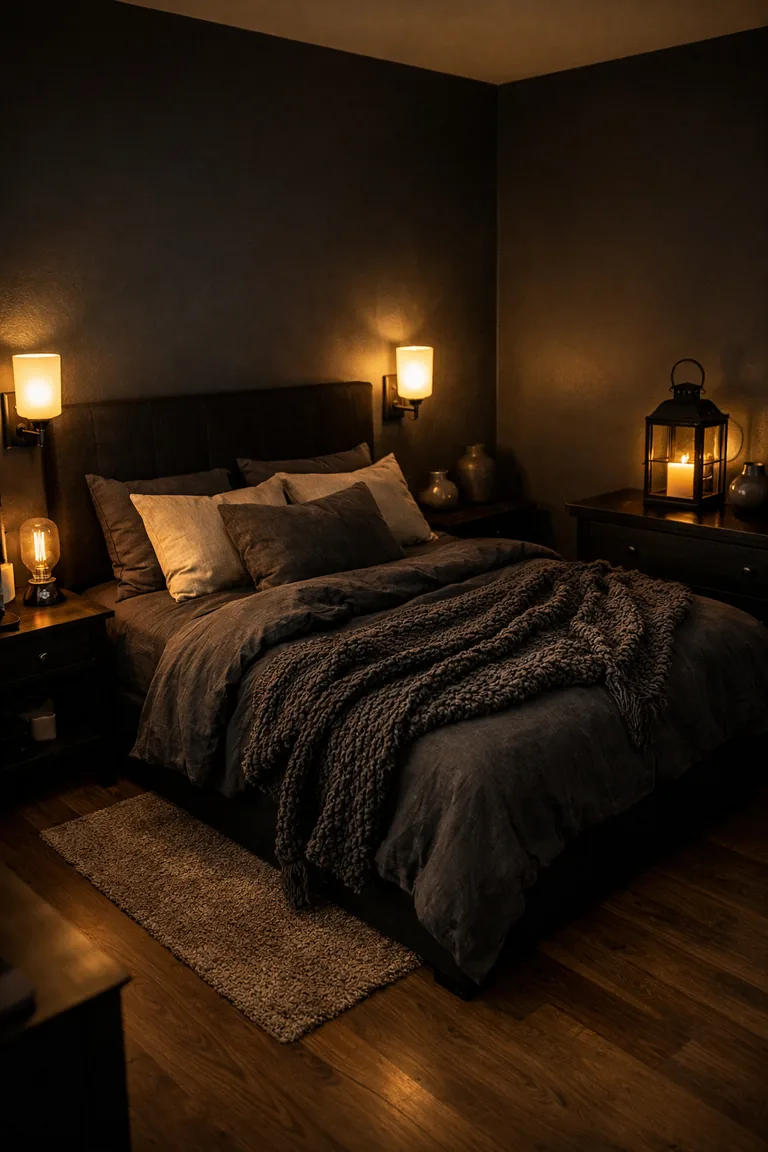 Moody black bedroom with a black upholstered bed, warm wall sconces, an Edison bulb lamp on a bedside table, and a candlelit lantern on a dresser.
