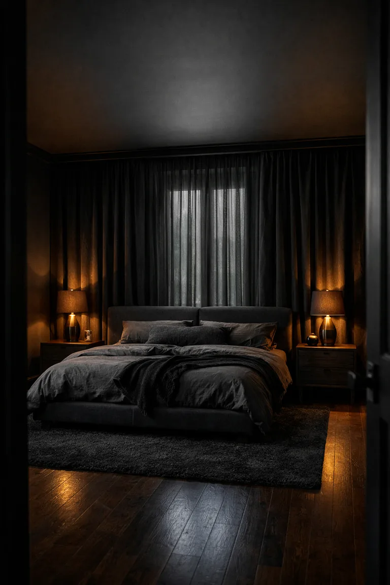 Moody black bedroom with a black upholstered bed and floor-to-ceiling layered black curtains over a tall window, lit by warm brass lamps and faint daylight through sheer panels.