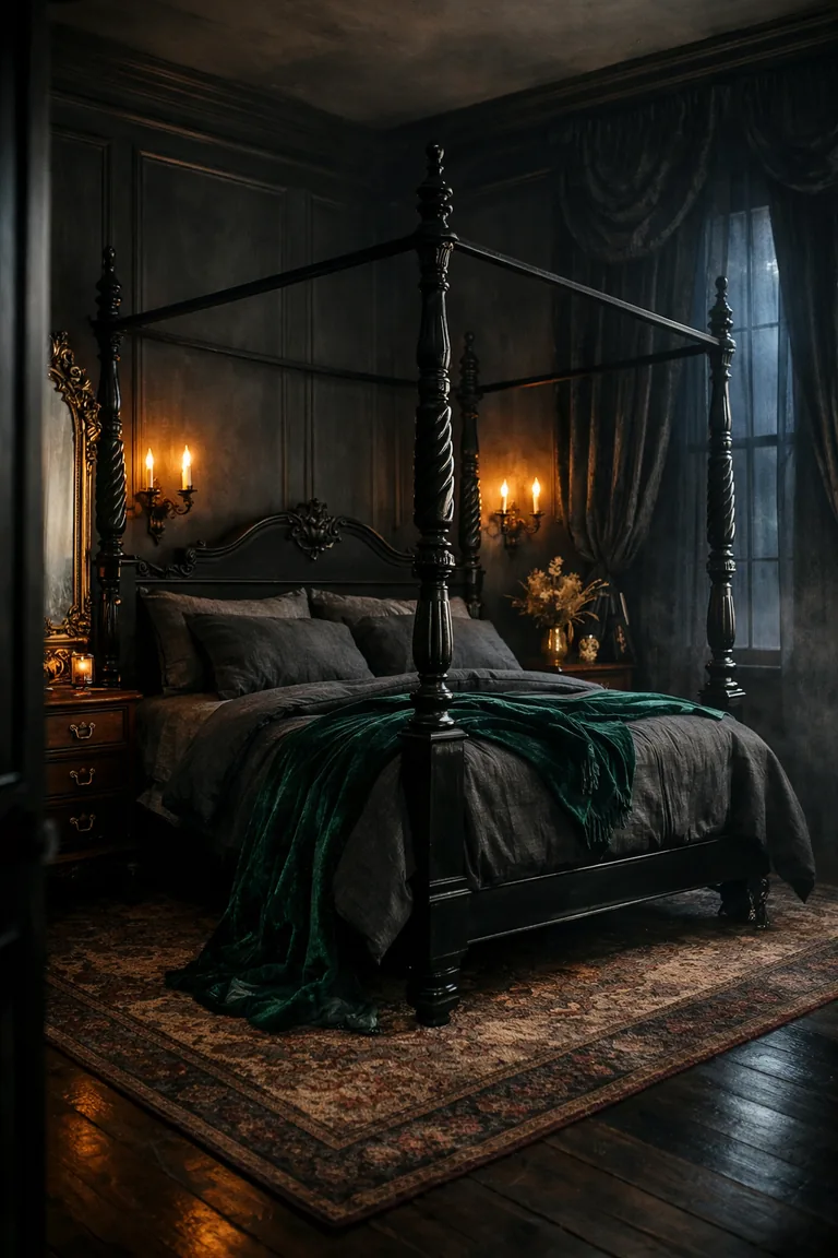 A moody black four-poster bed with charcoal bedding and an emerald velvet throw, flanked by dark wood nightstands, with an ornate gold mirror and black velvet drapes in warm low lighting.