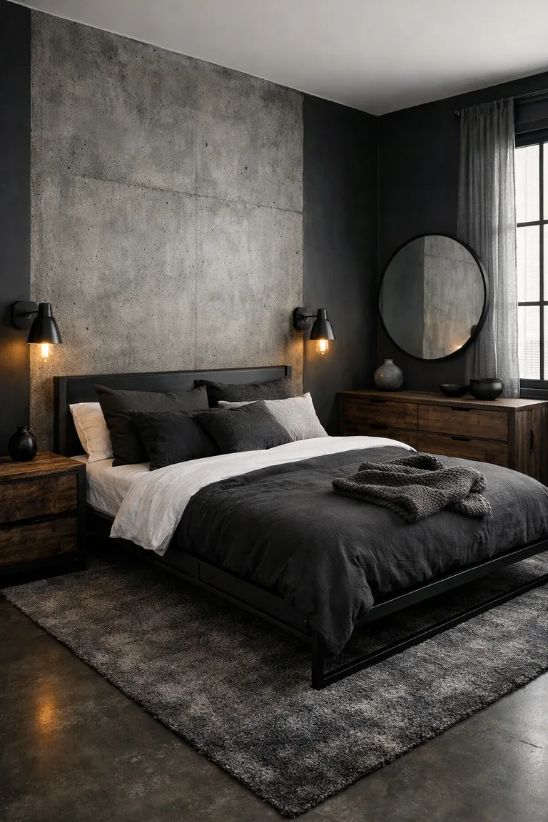 Industrial bedroom with a black metal bed against an exposed concrete wall, dark walls, warm sconces, dark wood furniture, and a smoky gray rug.