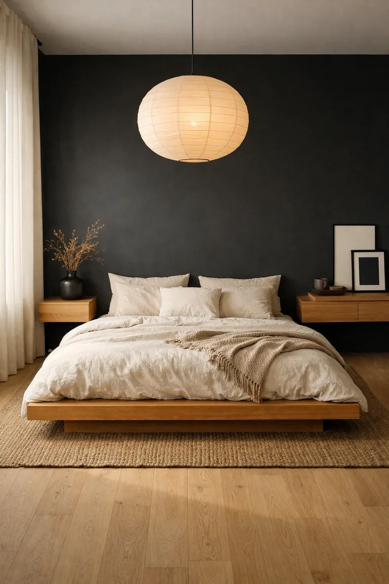 Matte black bedroom with a low light oak platform bed dressed in off-white linen, jute rug on pale oak floors, floating nightstands, a rice-paper pendant, and soft light from a sheer-curtained window.