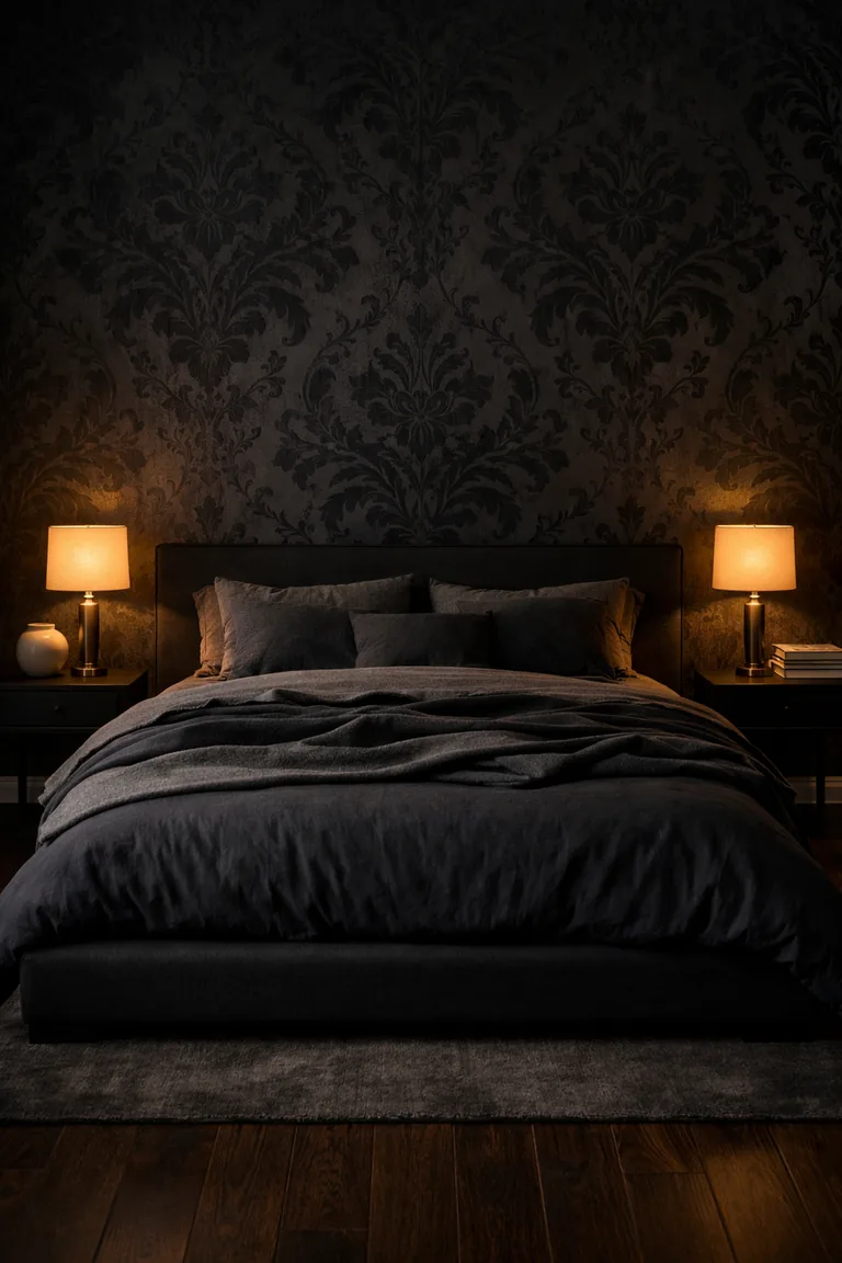 A moody black bedroom with a dark floral baroque wallpaper accent wall behind a black upholstered bed, warm brass lamps on black nightstands, and dark wood floors.