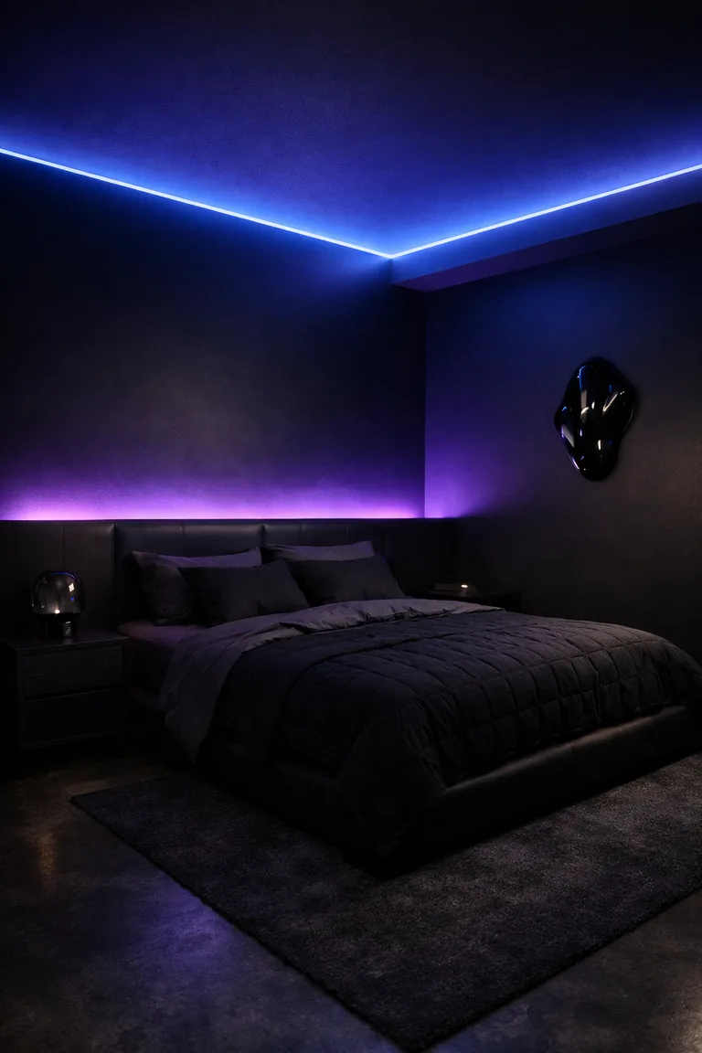 A black bedroom with a low black upholstered headboard, charcoal bedding, and violet-blue LED strip lighting glowing behind the headboard and along the ceiling edge.