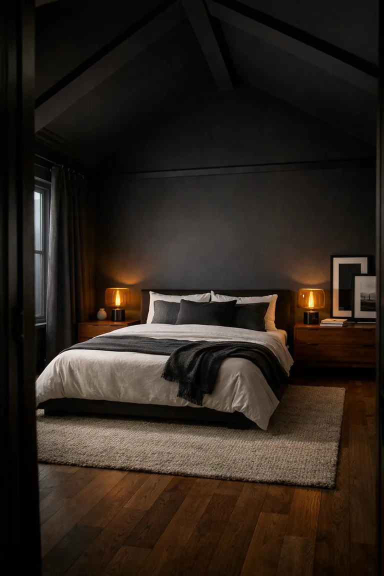 Moody bedroom with a matte black vaulted ceiling, dark walls, a low bed dressed in white bedding, walnut nightstands with warm amber lamps, and a cream rug on oak flooring.