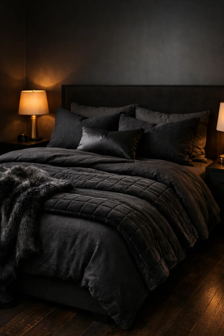 A bed with layered black bedding, including linen, velvet, silk pillows, a quilted coverlet, and a faux-fur throw, lit by a warm brass bedside lamp in a dark charcoal room.