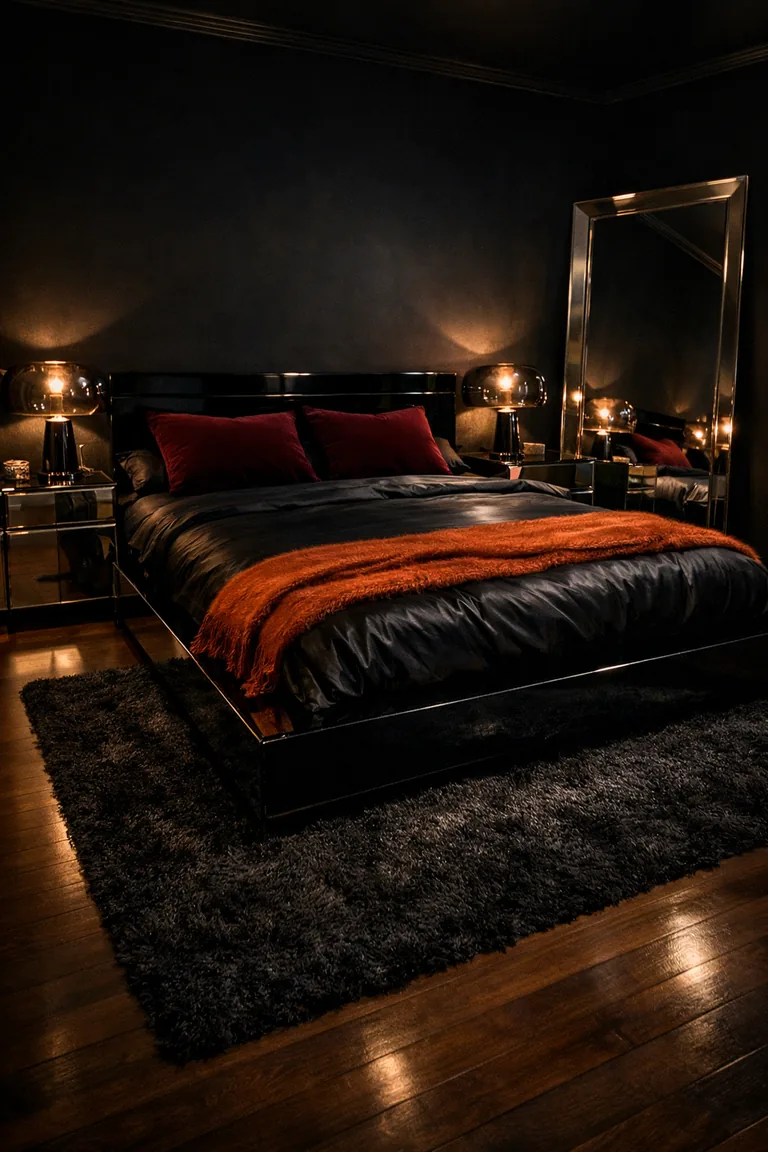 Moody black bedroom with a glossy black bed, mirrored nightstands, a large leaning beveled mirror, warm smoked-glass lamps, and burgundy and burnt orange accents.