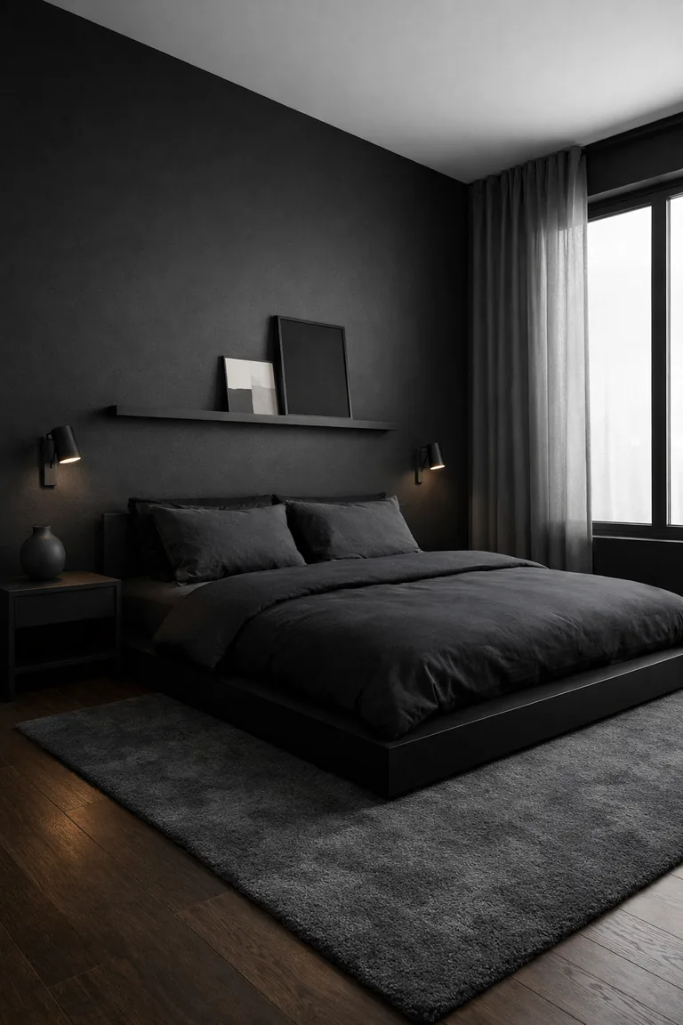 Minimalist black bedroom with matte black walls, a low platform bed in black and charcoal bedding, a black nightstand with a vase, dark wood floors with a charcoal rug, and a large window with sheer gray curtains.