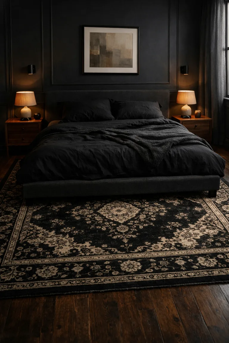 A black bedroom with a charcoal upholstered bed, black bedding, and a large black-and-ivory vintage Persian-style rug under the bed, lit by warm bedside lamps.