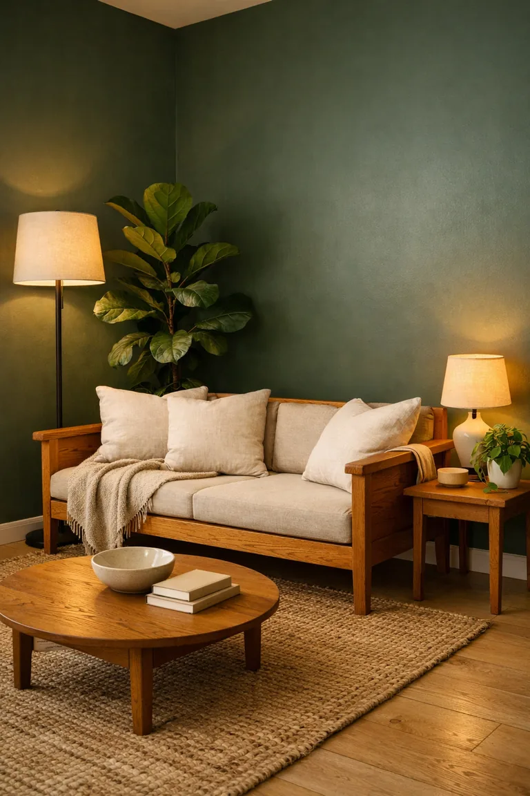 A portrait-oriented living room with deep green walls, warm wood seating with linen pillows, a woven jute rug, indoor plants, and soft lamplight.