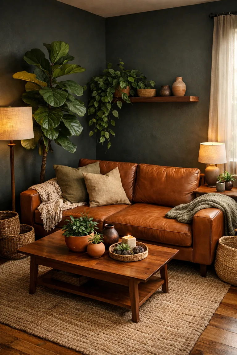Moody living room with deep charcoal-green walls, a cognac leather sofa, walnut coffee table, jute rug, and multiple indoor plants lit by warm lamps and soft window light.