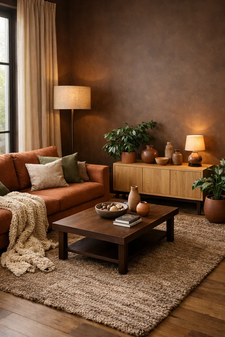 Moody living room with deep brown walls, a terracotta sofa with olive and clay pillows, a dark wood coffee table on a warm neutral rug, and soft lamplight beside a light wood sideboard.
