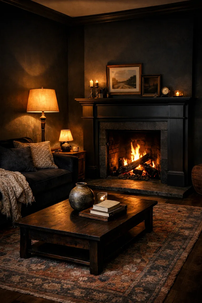 Moody living room with a matte black fireplace on charcoal walls, a dark velvet sofa, a vintage rug, and warm layered lamps.