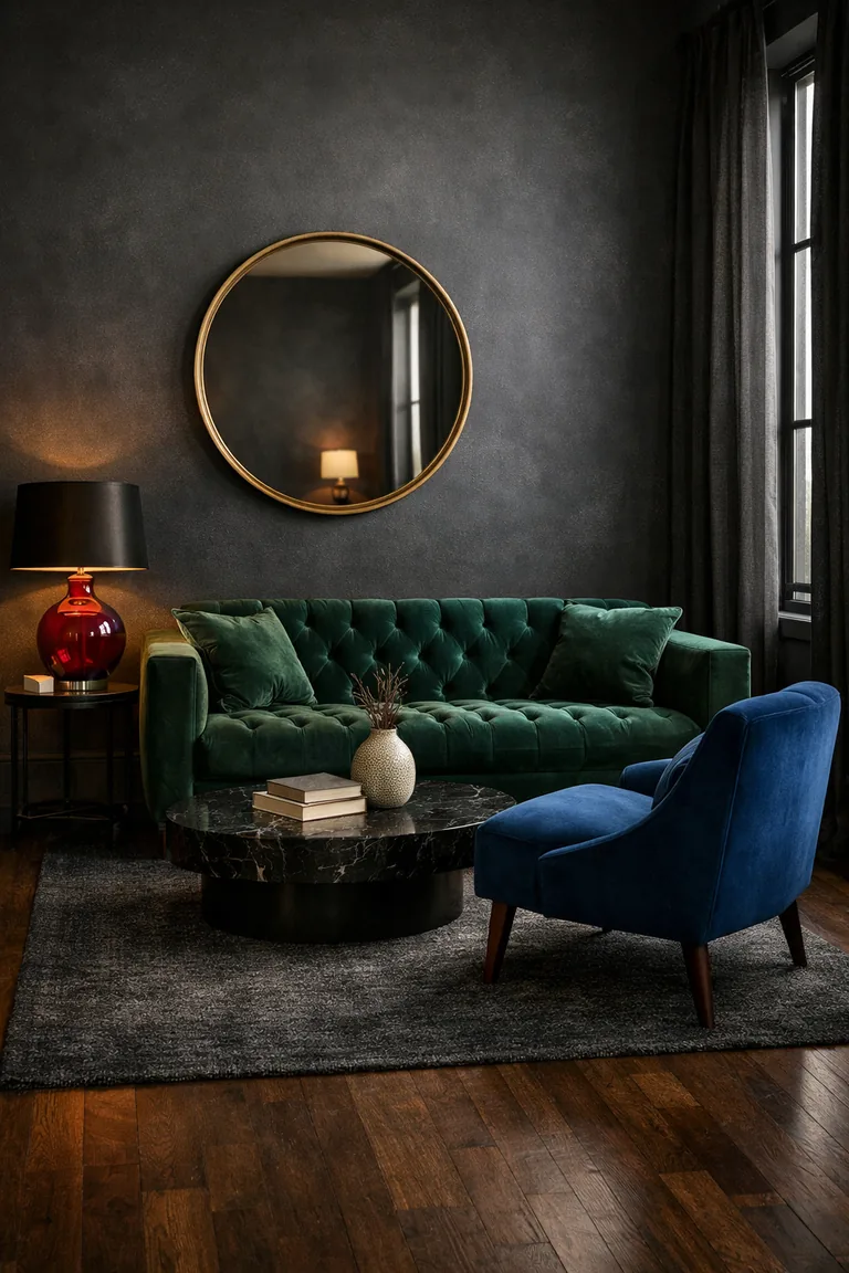 A dark charcoal living room with an emerald velvet sofa, a sapphire velvet chair, and a ruby red glass lamp on a side table, lit with warm ambient light and soft daylight.