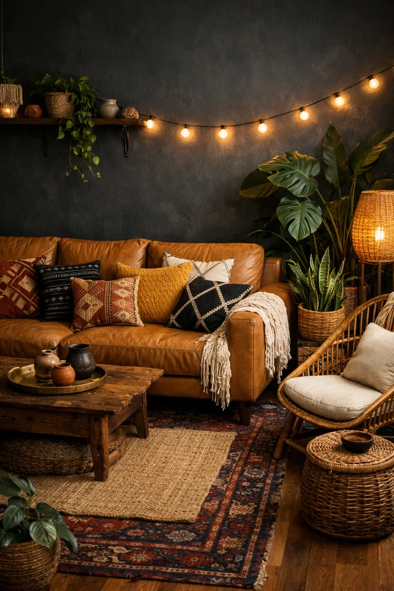 Moody boho living room with charcoal walls, tan leather sofa with patterned pillows, layered rugs, a rattan chair, many plants, and warm string lights and a woven floor lamp.