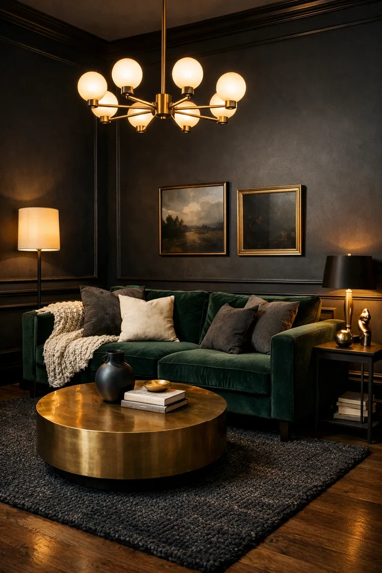 A moody living room with charcoal walls, an emerald velvet sofa, brass coffee table, dark rug, and warm chandelier and lamp lighting.