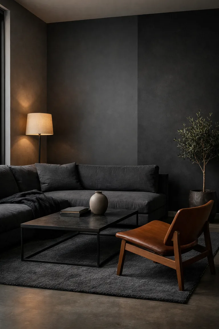 Moody minimalist living room with charcoal walls, a deep gray sofa, a black coffee table, a walnut chair, a dark rug, and warm lamp lighting.
