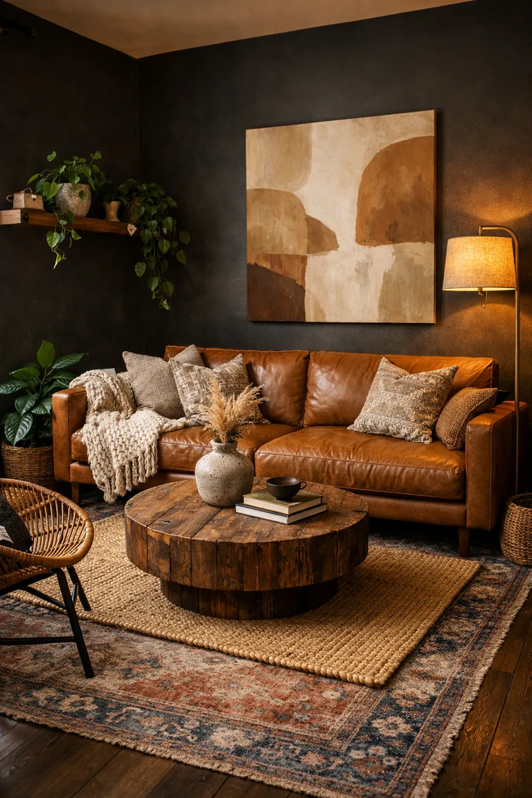Moody modern boho living room with charcoal walls, a caramel leather sofa, layered rugs, a reclaimed wood coffee table, rattan accent chair, and leafy plants lit by a warm brass floor lamp.