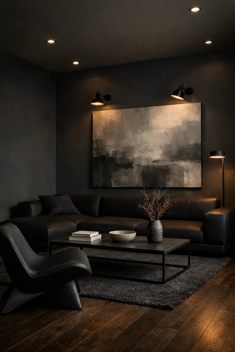 Moody modern living room with matte charcoal walls, a low black sectional, a sculptural lounge chair, a slim metal coffee table, and softly lit abstract artwork.