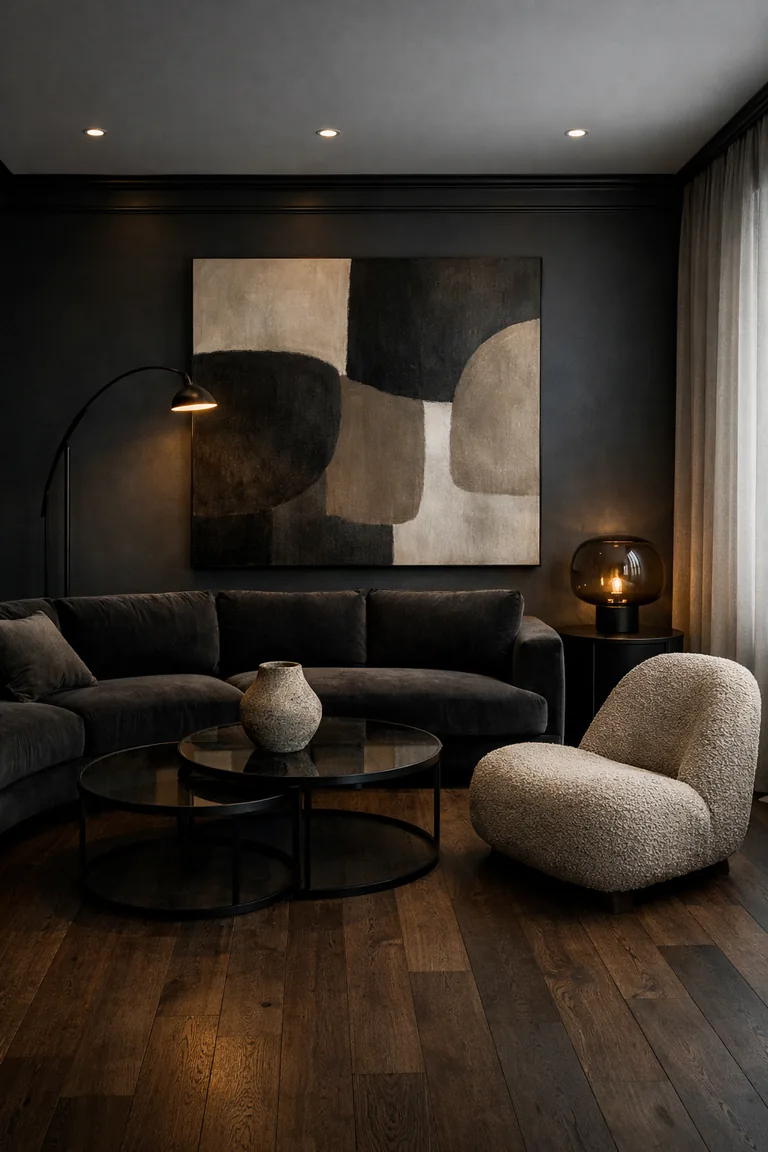 A moody contemporary living room with charcoal walls, a curved velvet sofa, a boucle lounge chair, dark wood floors, black metal-and-glass coffee tables, and layered warm lighting.
