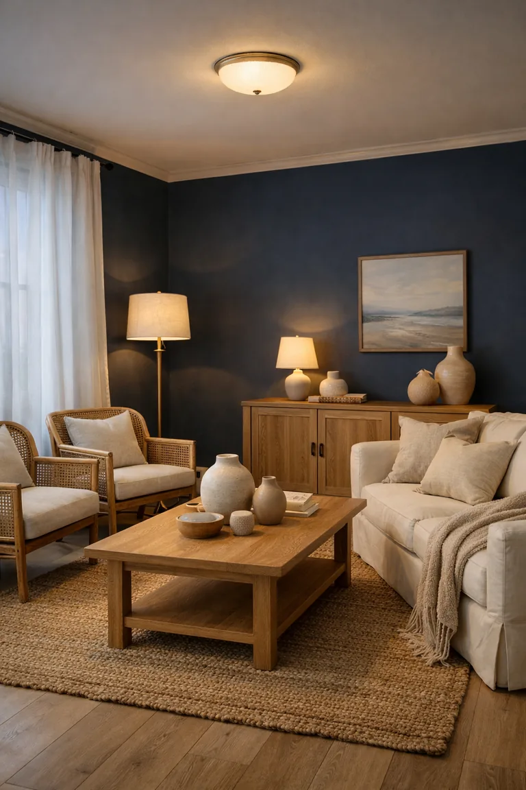 Moody navy-blue living room with a cream sofa, rattan chairs, light oak furniture, sheer white curtains, a jute rug, and warm layered lamps.
