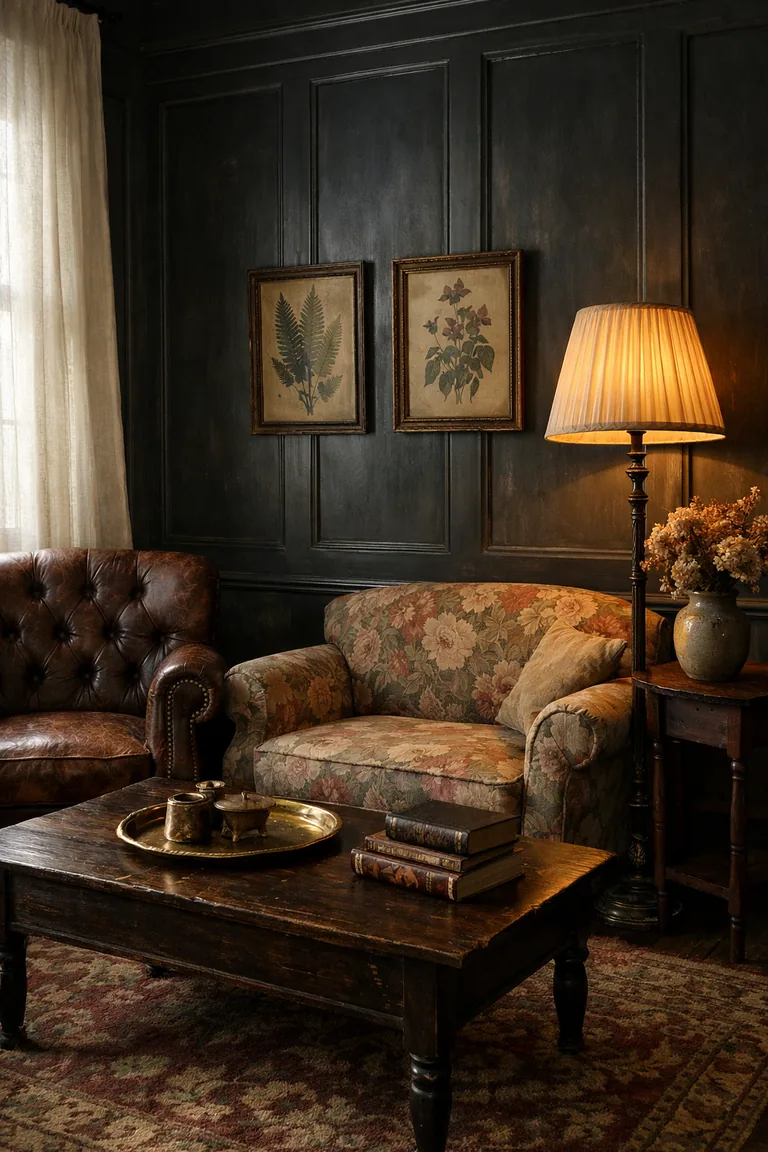 A moody cottage living room with charcoal-painted wall paneling, a floral sofa, a brown leather armchair, a dark wood coffee table with books, a patterned rug, and warm lamp light near a curtained window.