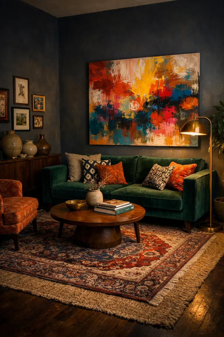 Moody eclectic living room with charcoal walls, a large colorful abstract painting, emerald velvet sofa, burnt orange patterned armchair, layered rugs, brass floor lamp, wood coffee table with books and a vase, and mixed artwork on the walls.