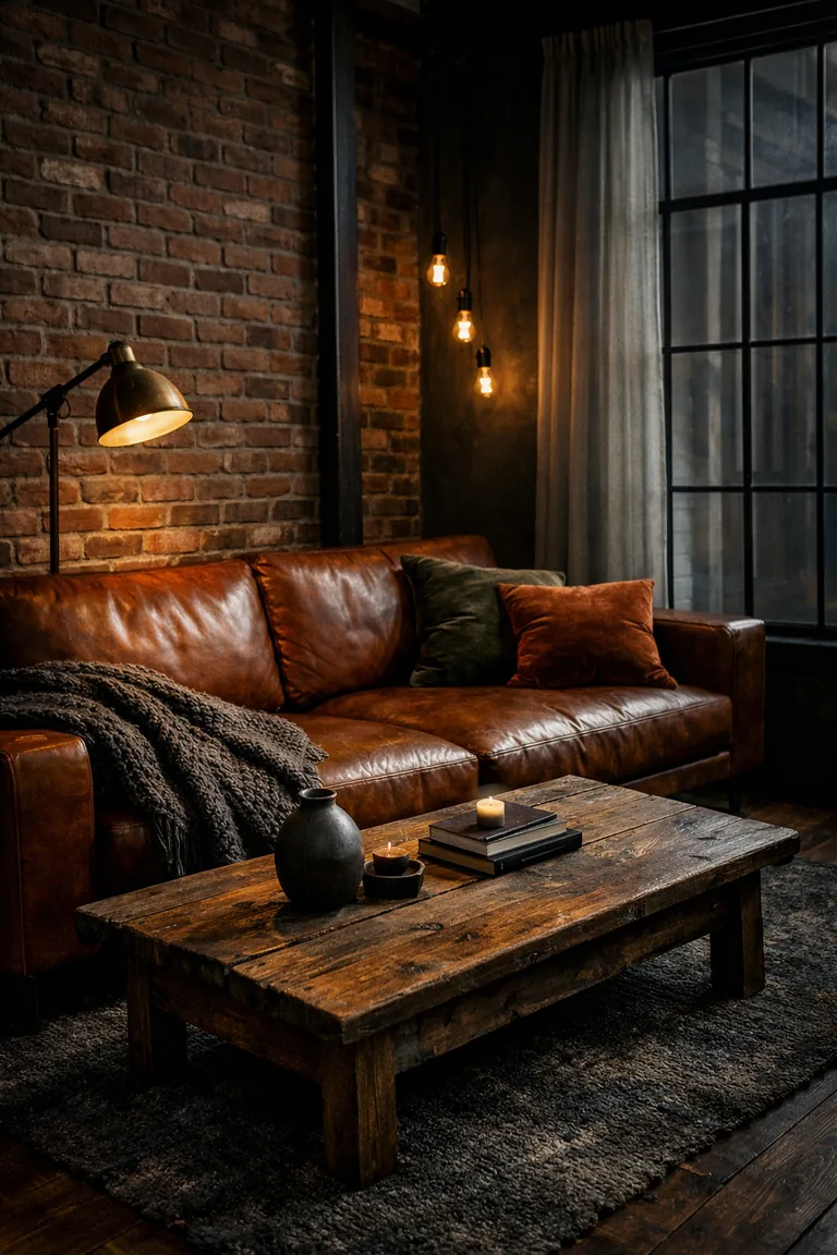 Moody industrial living room with an exposed brick wall, dark metal accents, a cognac leather sofa, warm low lighting, and a reclaimed wood coffee table on a dark rug.