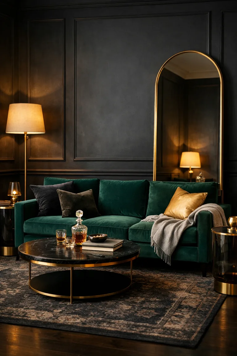 A portrait-oriented living room with charcoal walls, an emerald velvet sofa, a black marble coffee table with brass base, and a tall arched brass-framed mirror, lit by warm brass lamps.