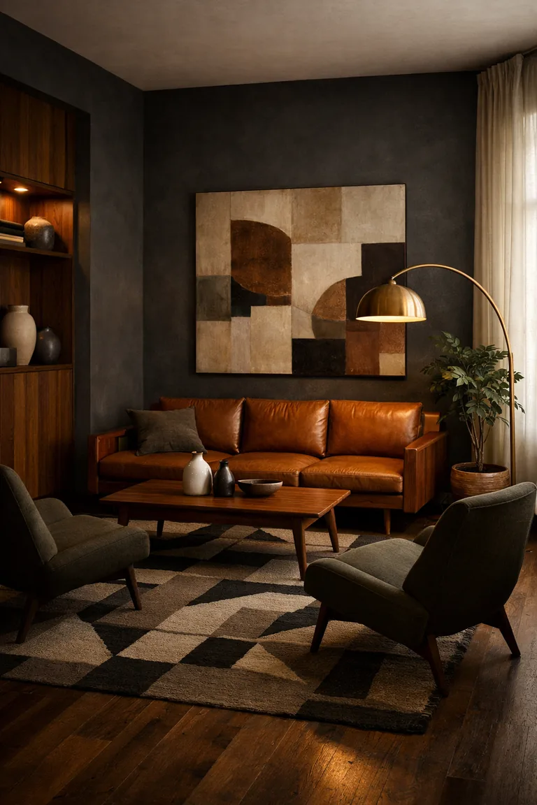 Moody mid-century modern living room with charcoal walls, walnut furniture, caramel leather sofa, olive lounge chairs, a geometric rug, and warm layered lighting.