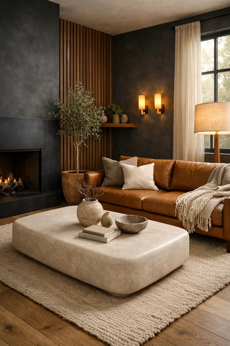 Moody organic modern living room with charcoal walls, caramel leather sofa, pale stone coffee table on a neutral rug, wood slat accent wall, olive tree plant, and warm layered lighting by a large window with sheer curtains.
