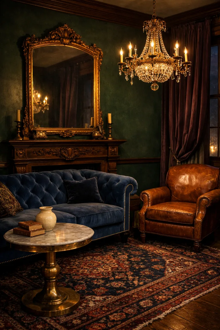 A moody vintage living room with emerald walls, a sapphire tufted velvet sofa, a patterned rug, an antique gilt mirror above a mantel, a crystal-and-brass chandelier, and velvet drapes by a tall window.