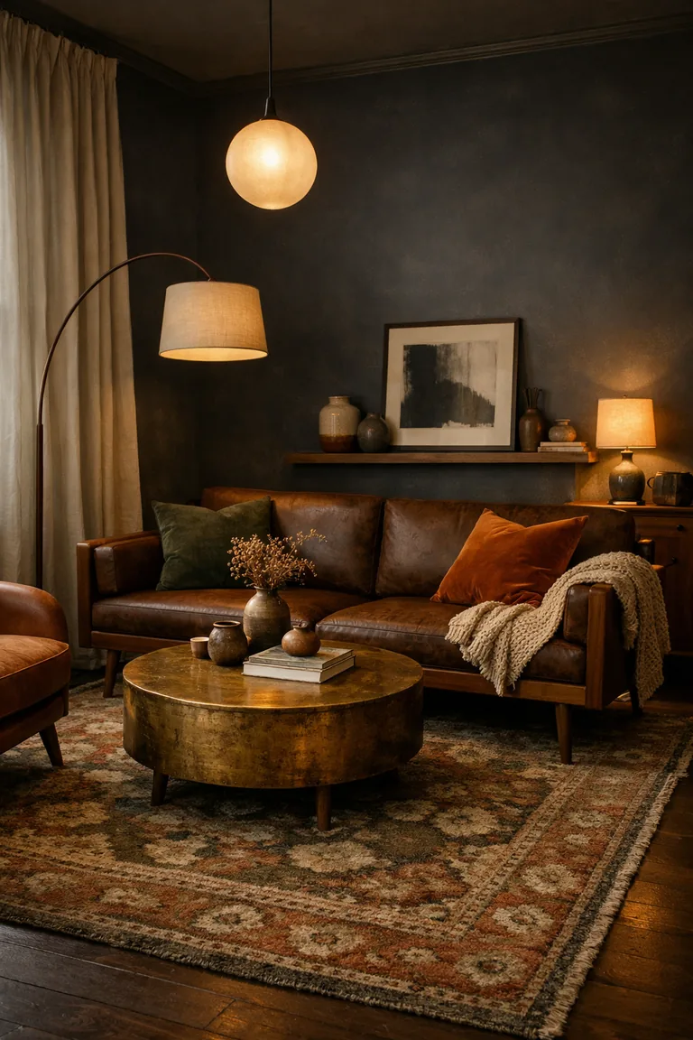 Moody living room with charcoal walls, a walnut mid-century sofa, vintage patterned rug, brass coffee table, leather accent chair, and warm layered lamps.