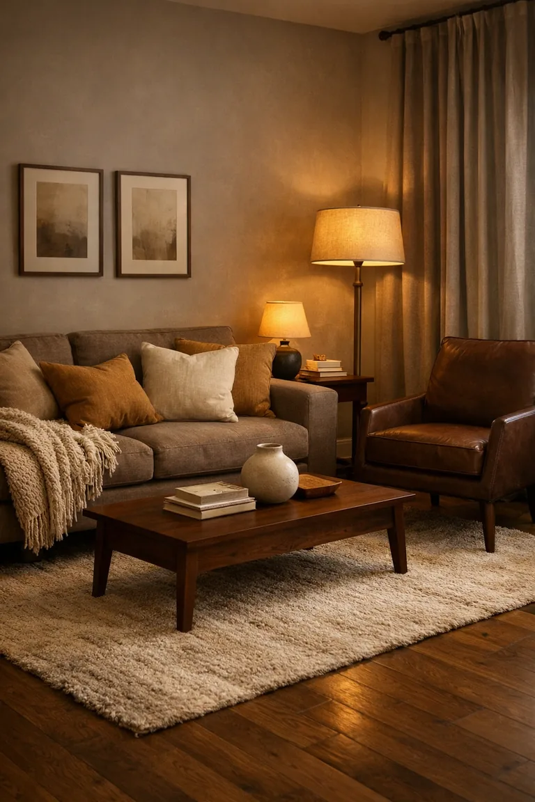 Portrait view of a warm neutral living room with a taupe sofa, brown leather chair, ivory-and-taupe rug, walnut furniture, and amber lamps lighting the seating area.