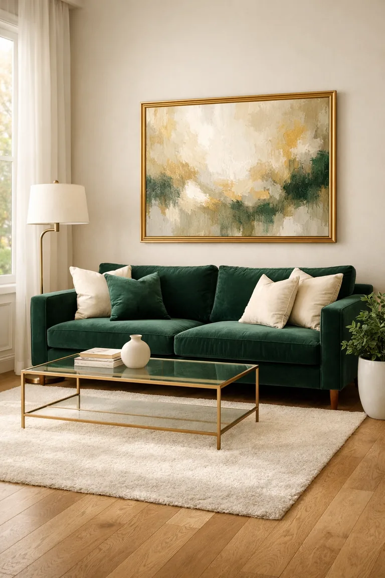 Emerald velvet sofa with cream pillows, a brushed gold floor lamp, and a glass-top coffee table with gold frame on an ivory rug in a bright living room.
