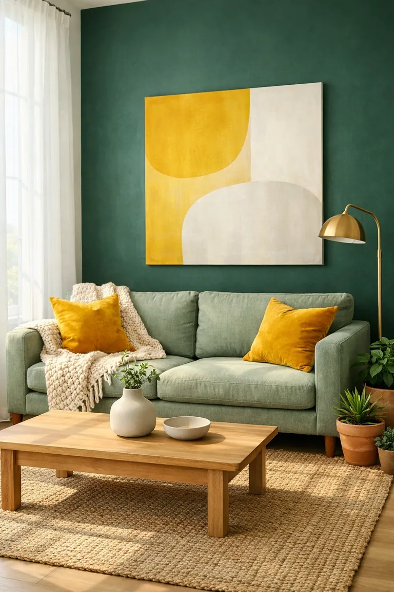 Sunlit living room with a sage green sofa, mustard yellow pillows, a jungle green accent wall, and a large abstract yellow-and-white painting above a light oak coffee table.