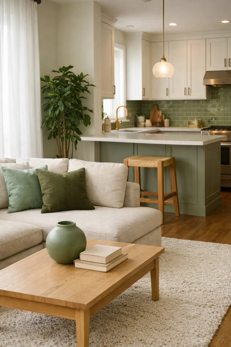 Open-plan living room with a beige sofa and green pillows facing a light oak coffee table, leading into a white kitchen with a sage tile backsplash and brass hardware, lit by natural daylight.