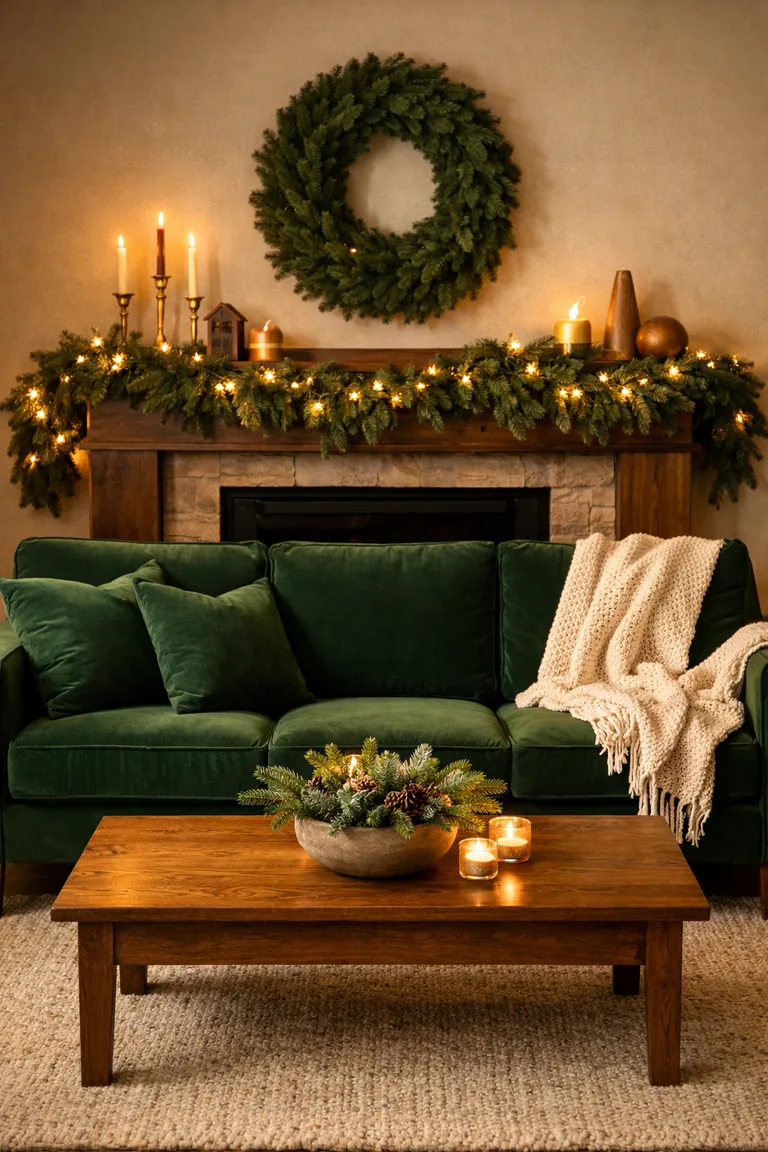 A cozy living room with a hunter green velvet sofa, green pillows, an evergreen garland and wreath with twinkle lights on a wooden mantel, and brass and wood accents.