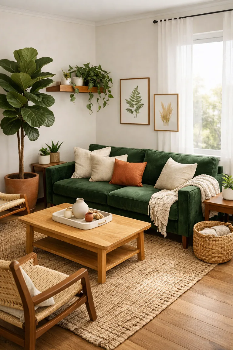 A portrait-oriented living room with a deep jungle green velvet sofa, warm wood and rattan furniture, a jute rug, and multiple leafy houseplants lit by soft daylight from a window with sheer curtains.